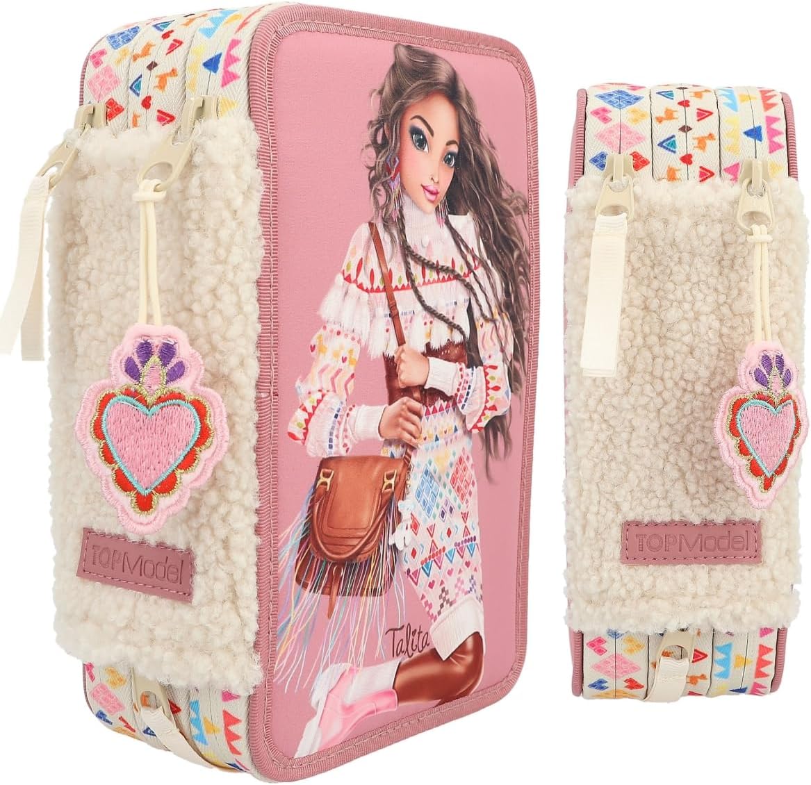 Depesche 12583 TOPModel Cosy - Filled 3-Compartment Pencil Case, Model Motif with Teddy Faux Fur, Pencil Case with Coloured Pencils, Ruler, Scissors and much more, Pink, Backpack