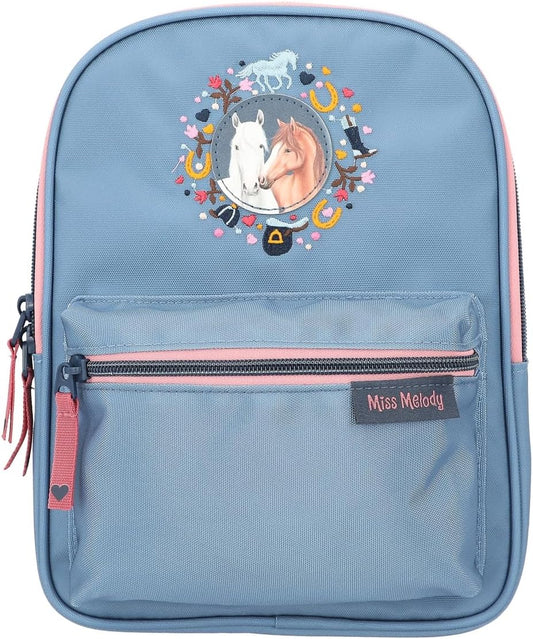 Depesche 12536 Miss Melody Little Farm Backpack for Children in Blue with Horse Motif, Bag with Adjustable Straps