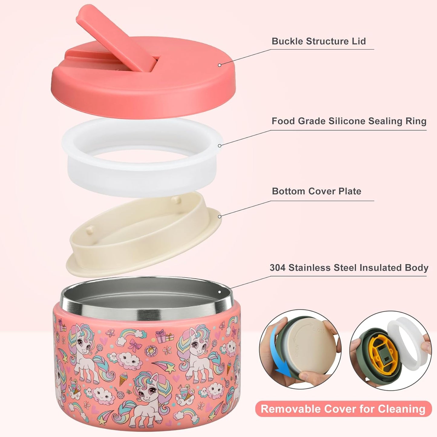 Itslife Thermal Food Container, 350 ml, Stainless Steel Warming Container, Children's Leak-proof Lunch Container with Buckle Cover, Wide Neck, Insulation, Suitable for Cold and Hot Food, Pink Unicorn