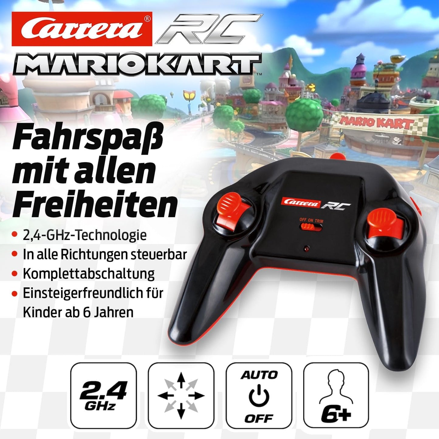 Carrera RC Mario Kart™ Bumble V, Mario Remote Controlled Car, Turbo Mushroom, Up to 9 km/h, Luminous Headlights, Interference-Free 2.4 GHz Radio Technology, from 6 Years, Action in the Living Room