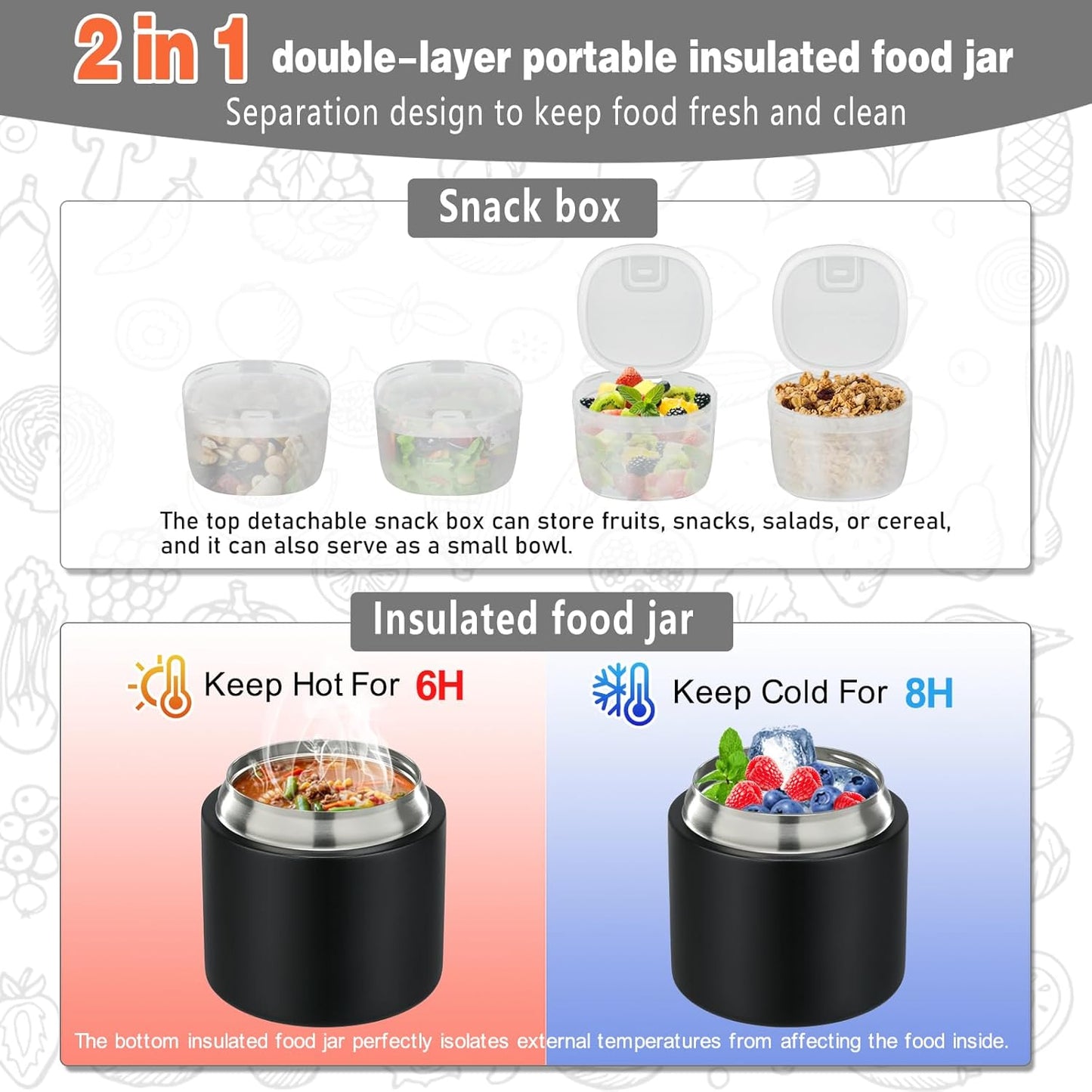 Itslife Thermal Container for Food 450 ml with 2 Pieces Snack Box, Leak-Proof Lunch Box Children with Spoon, Stainless Steel Cereal Cup to Go, Vacuum Thermal Mug Food for School, Office, Camping,