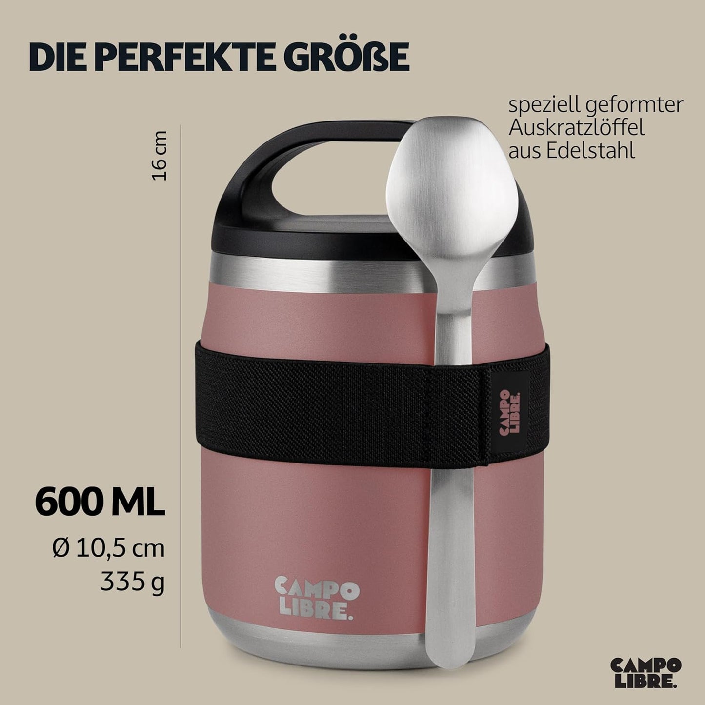 Campo Libre.® Thermal Food Container, 600 ml Stainless Steel Thermal Mug Food with Spoon, Food Warming Container, Mueslicup or Baby Porridge Warming Box, Thermal Food Container Available in 5 Colours