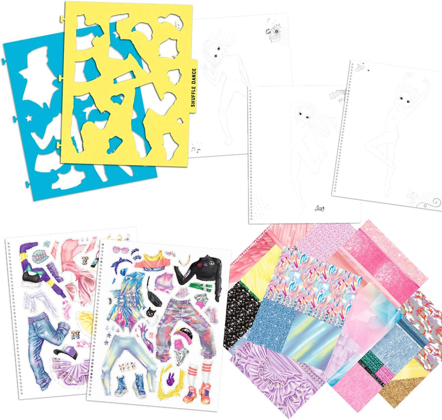 Depesche TOPModel 11453 Colouring Book Dance, Cool Dance Outfits to Design Yourself, 30 Pre-Drawn Figures, 3 Stencils, 2 Sticker Sheets and 8 Fabric Prints for Cutting Out