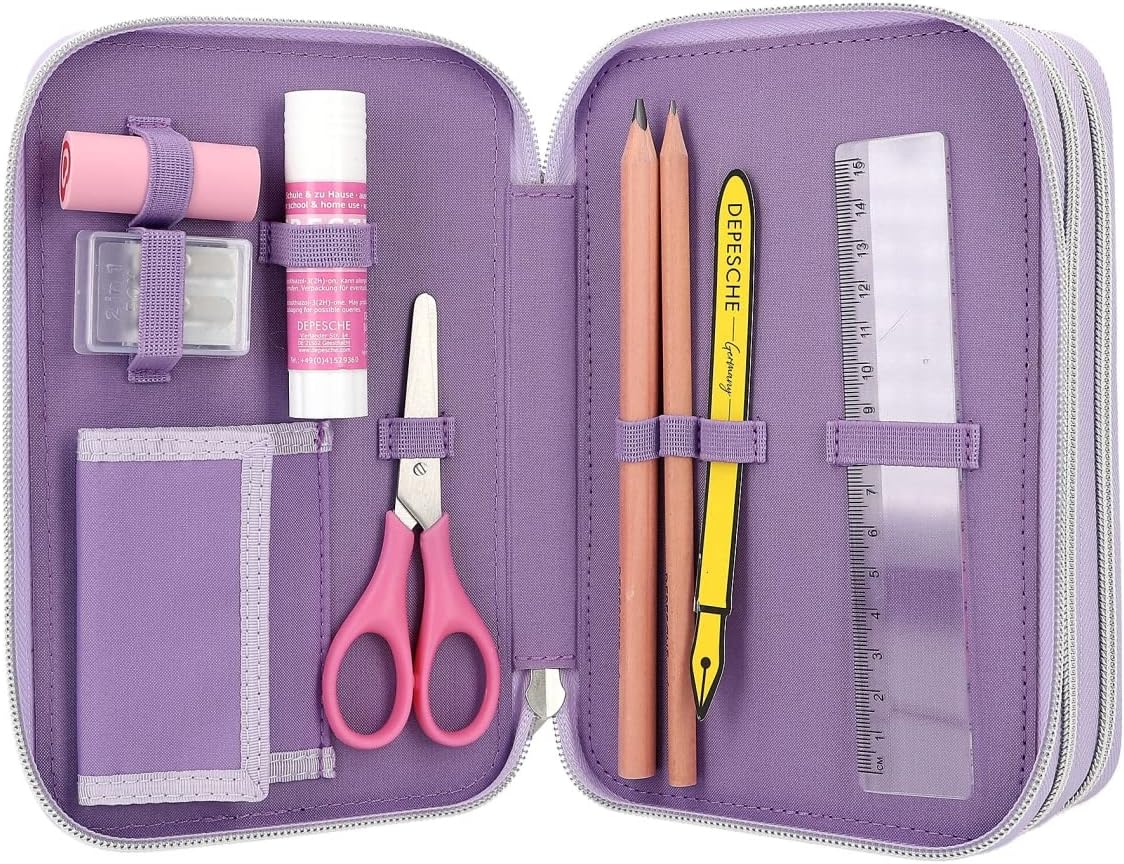 Depesche 12249 TOPModel Ballet 3 Compartments Filled in Purple with Sparkling Stones, Pencil Case, Crayons, Ruler, Scissors and Much More