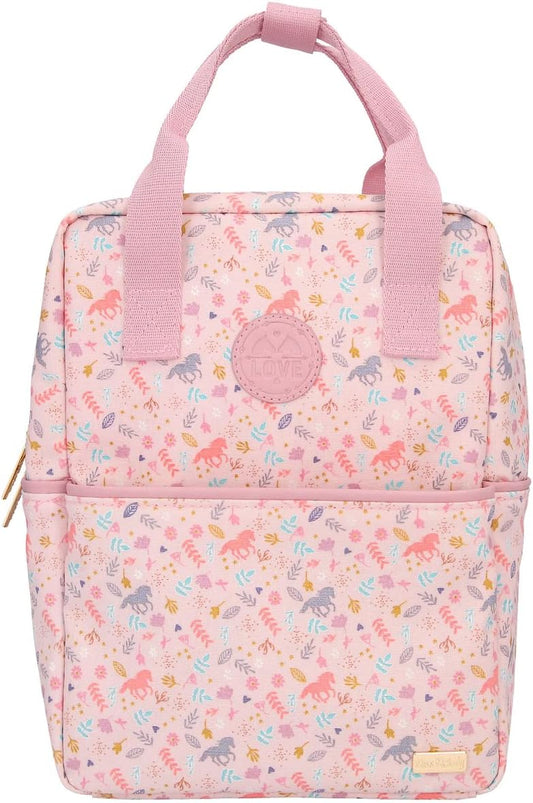 Depesche 11728 Miss Melody Summer Garden Small Backpack in Rose with Subtle Design of Flowers and Horses, Daypack with Large Main Compartment, One Front Pocket, Extra Inner Compartment and Carabiner