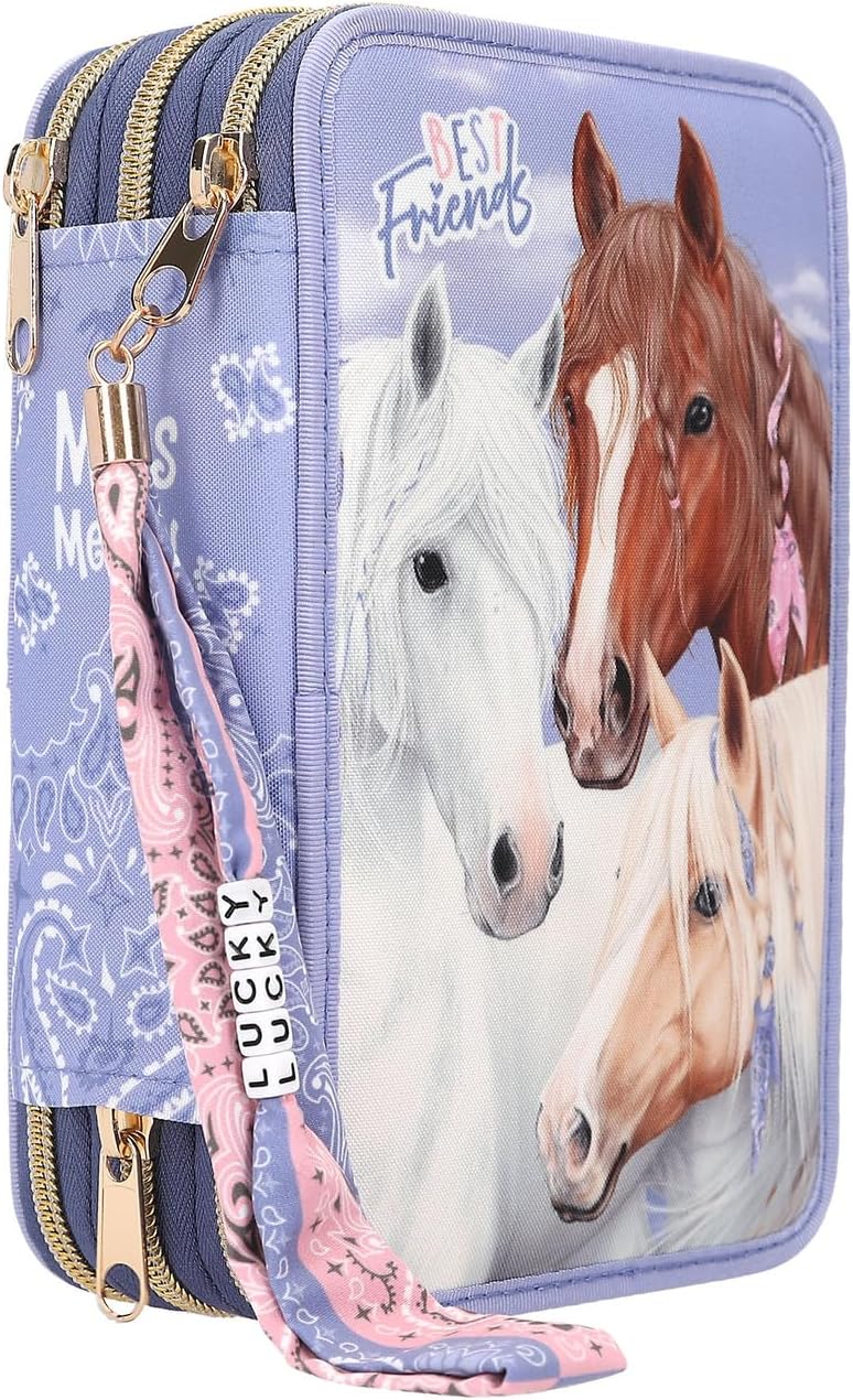 Depesche 12760 Miss Melody Bandana - Filled 3-Compartment Pencil Case with Horse Motif, Purple Pencil Case with Colouring Pencils, Ruler, Scissors and much more, purple, Miss Melody Bandana