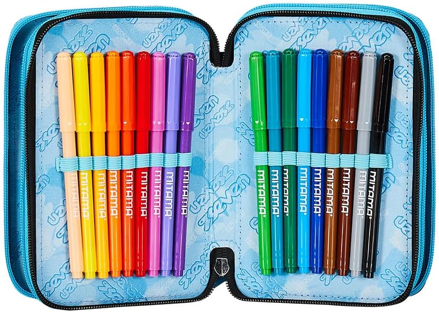 Seven Pencil Case with 3 Compartments Blue 3 Compartments Complete with Pencils, Felt Tip Pens, Colours, Accessories Backpack, Primary School, Medium, Top, Kids and Boys, Blue, Taglia Unica, School,