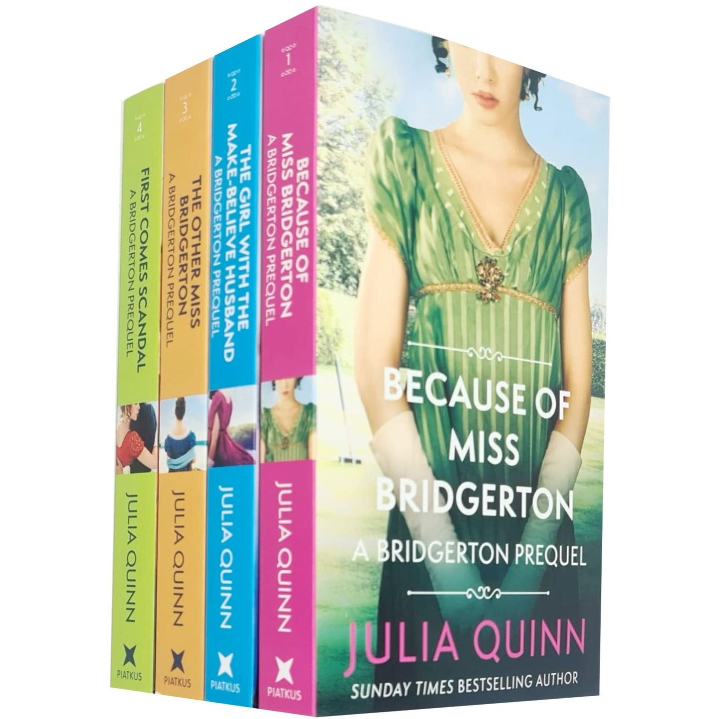 Bridgerton Prequels Rokesbys Series 4 Books Collection Set By Julia Quinn (Because of Miss Bridgerton, The Girl with the Make-Believe Husband, The Other Miss Bridgerton & First Comes Scandal)