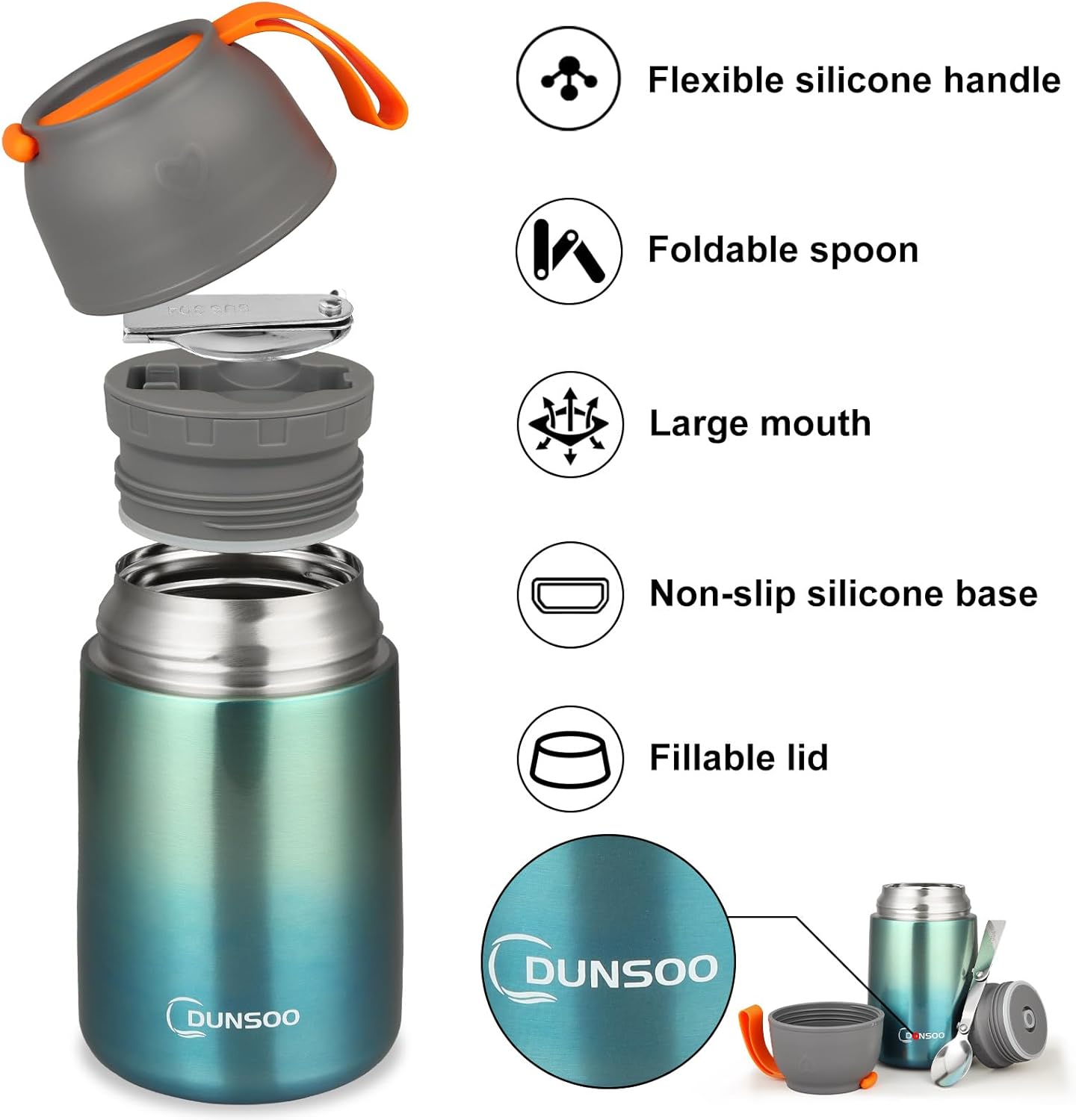 DUNSOO Thermal Food Container 650 ml | Heat Container for Food Stainless Steel with Foldable Spoon | Thermal Lunch Box Ideal for Storing Soups, Porridge, Ice Cream and Yoghurt. (Green)