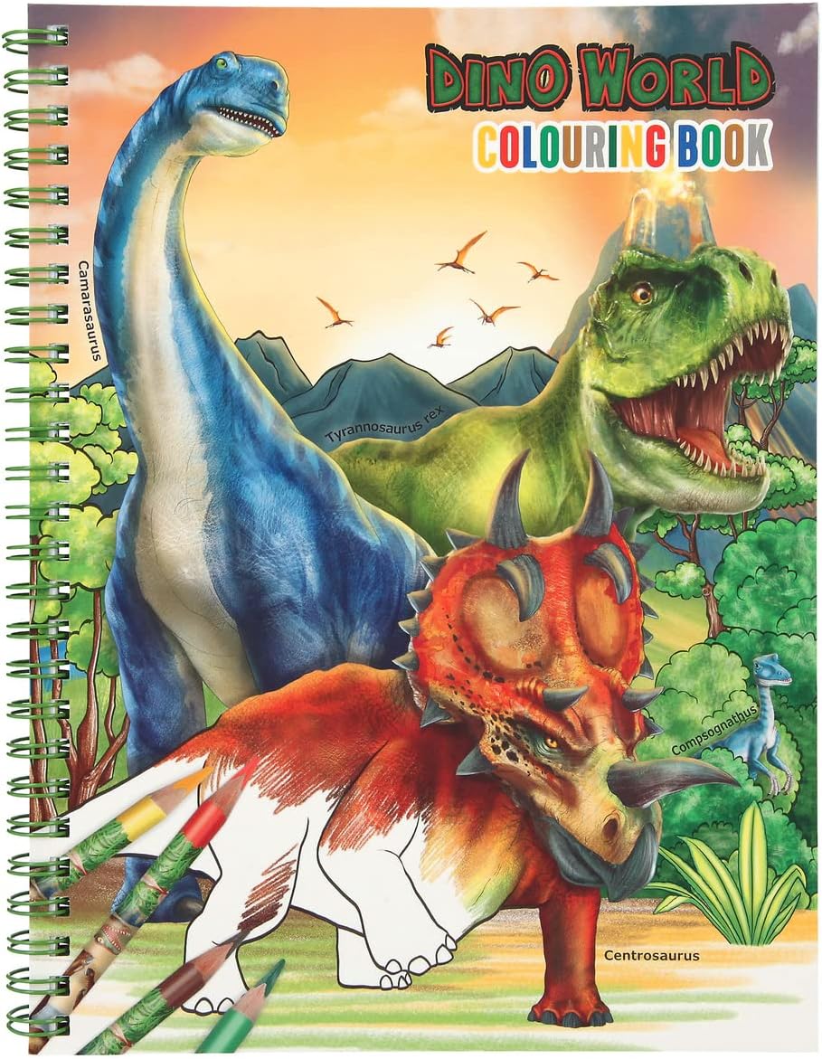 Depesche 11385 Dino World Colouring Book Including Small Pen Set of 8 Colouring Pencils, a Sticker Sheet and Many T-Rex, Dinosaurs and Jungle Motifs for Colouring and Sticking