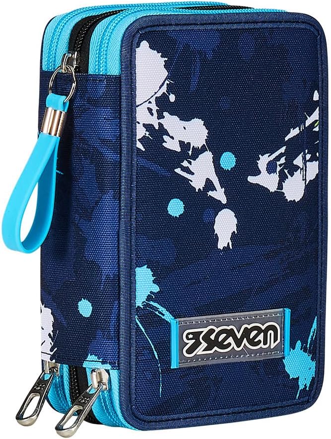 Seven Pencil Case with 3 Compartments Blue 3 Compartments Complete with Pencils, Felt Tip Pens, Colours, Accessories Backpack, Primary School, Medium, Top, Kids and Boys, Blue, Taglia Unica, School,