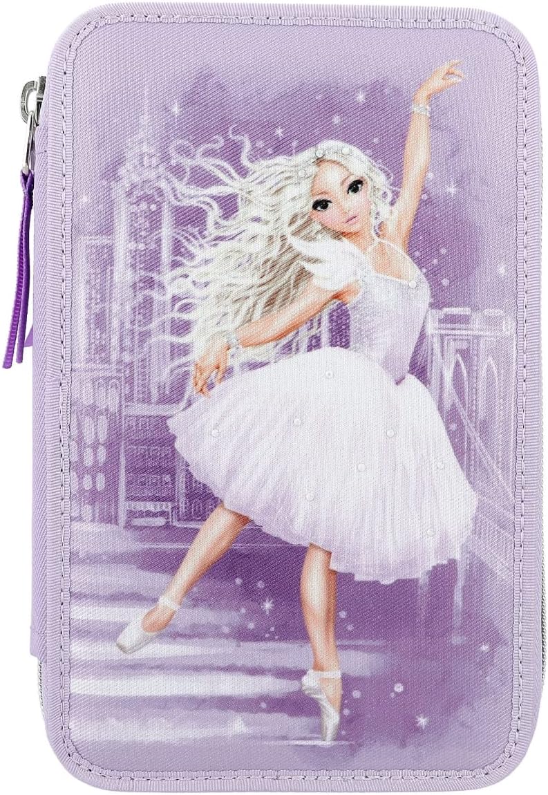 Depesche 12249 TOPModel Ballet 3 Compartments Filled in Purple with Sparkling Stones, Pencil Case, Crayons, Ruler, Scissors and Much More