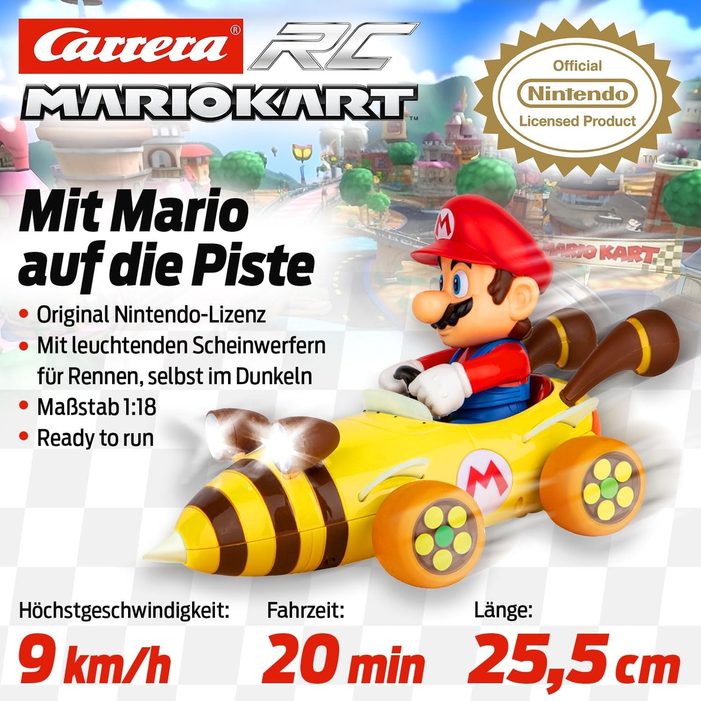 Carrera RC Mario Kart™ Bumble V, Mario Remote Controlled Car, Turbo Mushroom, Up to 9 km/h, Luminous Headlights, Interference-Free 2.4 GHz Radio Technology, from 6 Years, Action in the Living Room