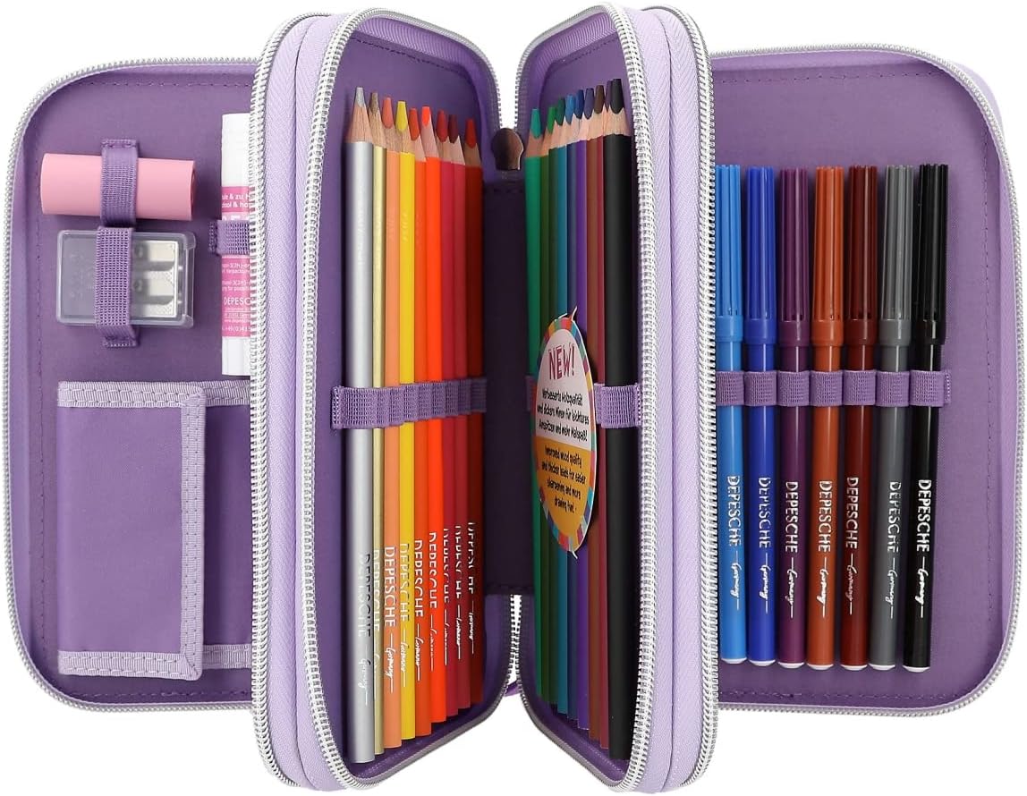 Depesche 12249 TOPModel Ballet 3 Compartments Filled in Purple with Sparkling Stones, Pencil Case, Crayons, Ruler, Scissors and Much More