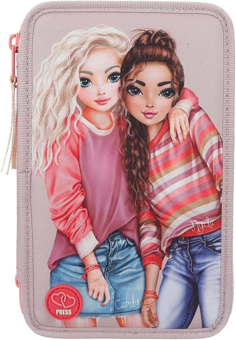 Depesche 11753 TOPModel Best Friends Filled 3-Compartment Pencil Case with LED, Pencil Case with Colouring Pencils, Ruler, Scissors and much more, black, Modern style