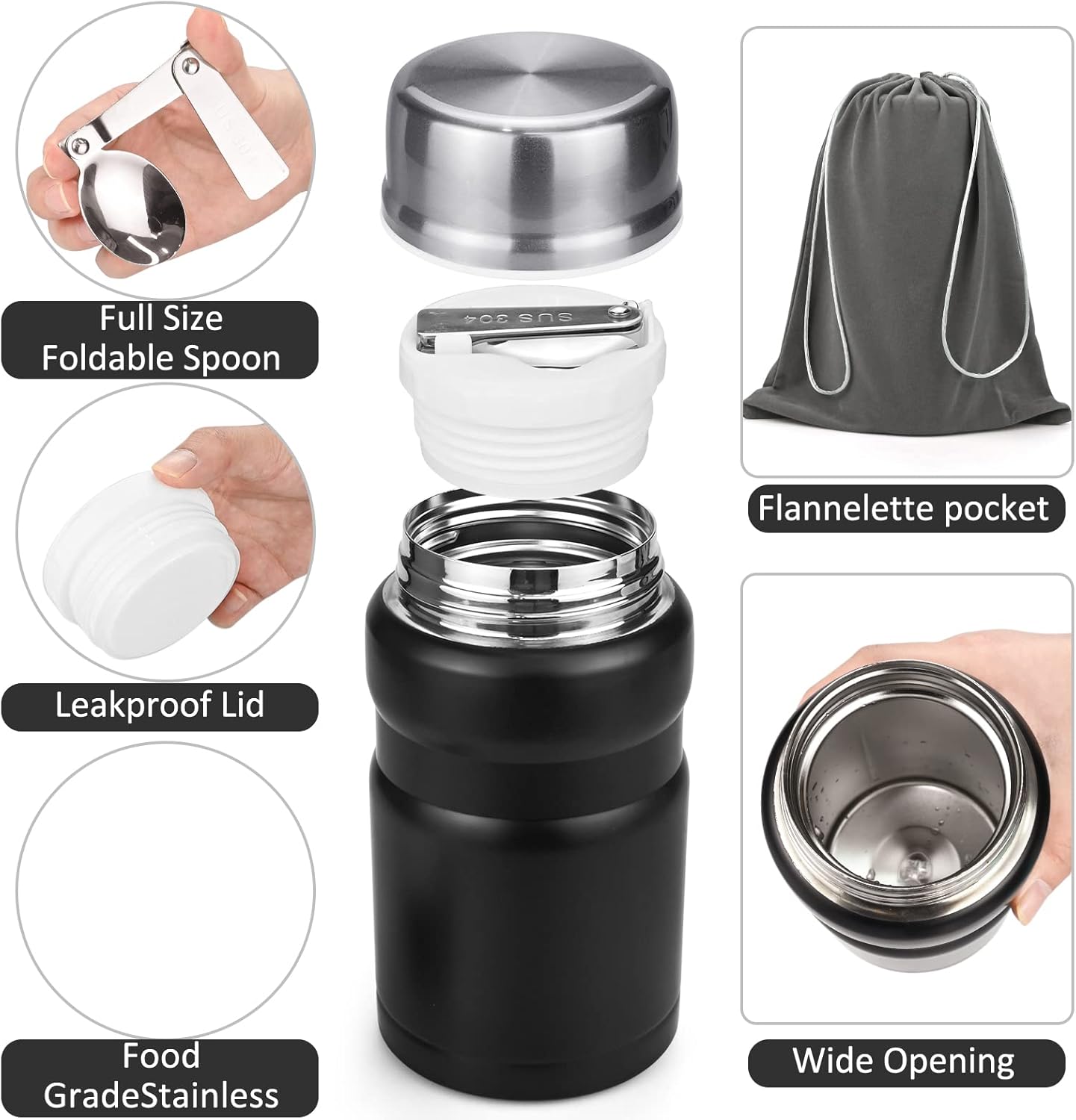 Food Bottle, 750ml Vacuum Insulated Food Thermos Flask, Stainless Steel, Double Walled, Vacuum Insulated, Leakproof Soup Bottle with Foldable Spoon and Bag, Black