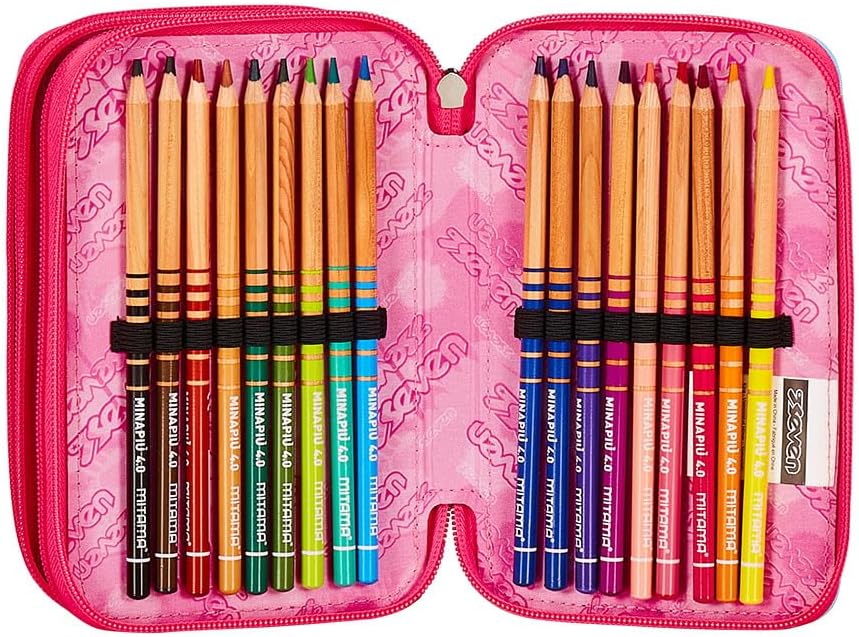 Seven Pencil Case with 3 Compartments Pink 3 Compartments Complete with Pencils, Felt Tip Pens, Colours, Accessories Backpack, Primary School, Medium, Top, Girls and Girls, Pink, Taglia Unica, School,