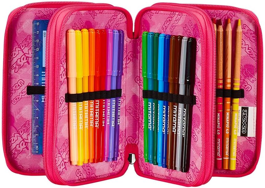 Seven Pencil Case with 3 Compartments Pink 3 Compartments Complete with Pencils, Felt Tip Pens, Colours, Accessories Backpack, Primary School, Medium, Top, Girls and Girls, Pink, Taglia Unica, School,