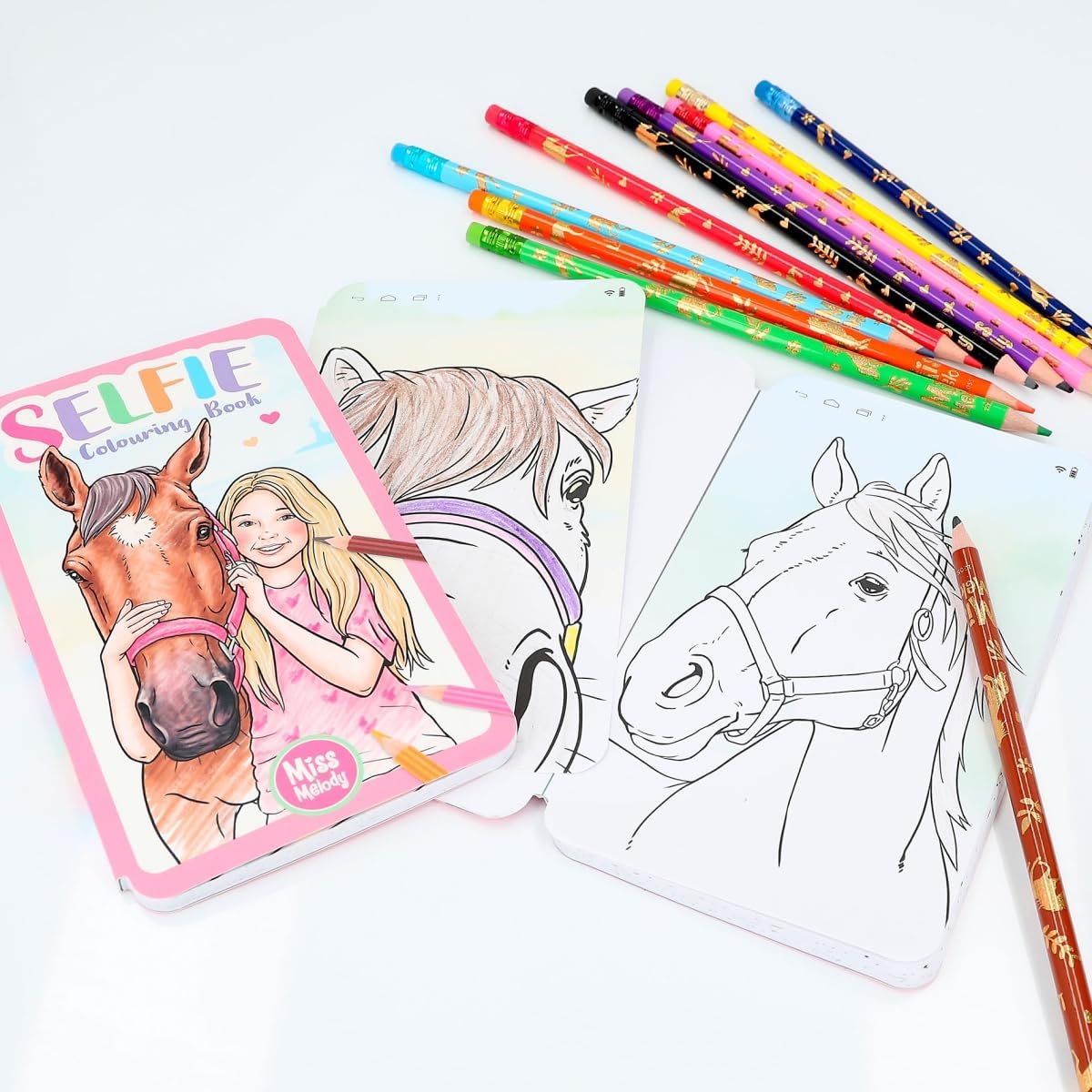 Depesche Miss Melody 12490 Selfie Colouring Book with Funny Horse Motifs, 30 Pages, Colouring Book with Stickers