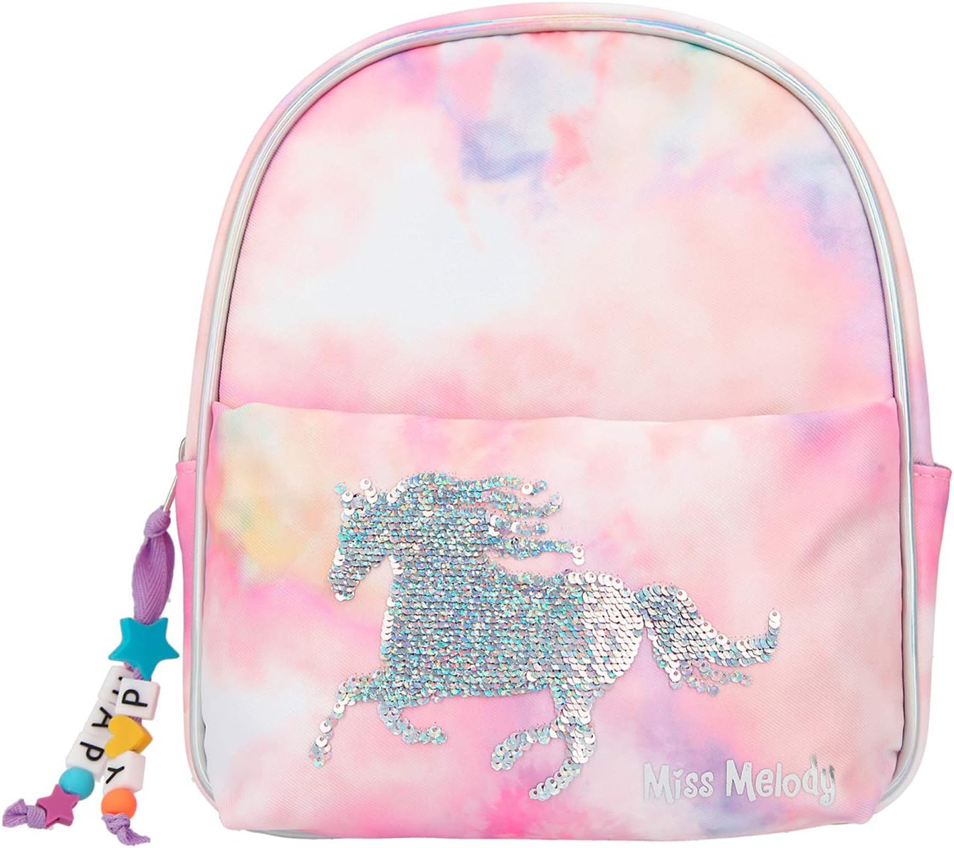 Depesche Miss Melody 11061 Backpack in Pink Tie Dye Look with Horse Made of Sequins, Approx. 22.5 x 14 x 19.5 cm, Ideal for Nursery, School and Leisure