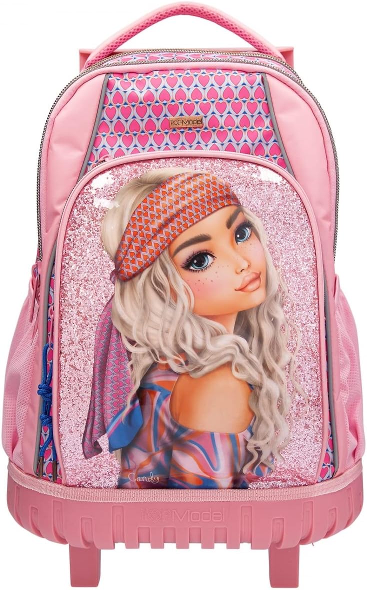 Depesche 11991 TOPModel Seventies School Backpack with Glitter, Model Motif and Cool Heart Pattern, Trolley for Children with 3 Compartments, Telescopic Handle and Wheels, Pink, Red, Waterproof