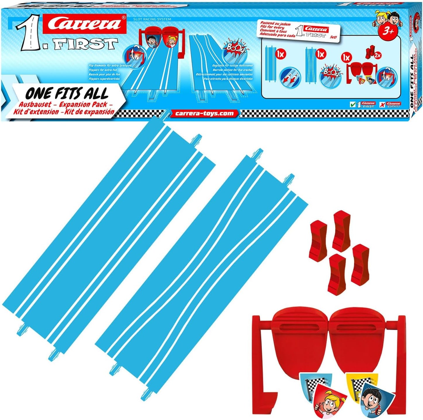 Carrera First Expansion Pack One Fits All | 5-Piece Racing Track Accessories | 1x Straight, 1x Narrow Point, 1x Flip Element Including Sticker, 2x Supports | Carrera Track Extension from 3 Years | 70