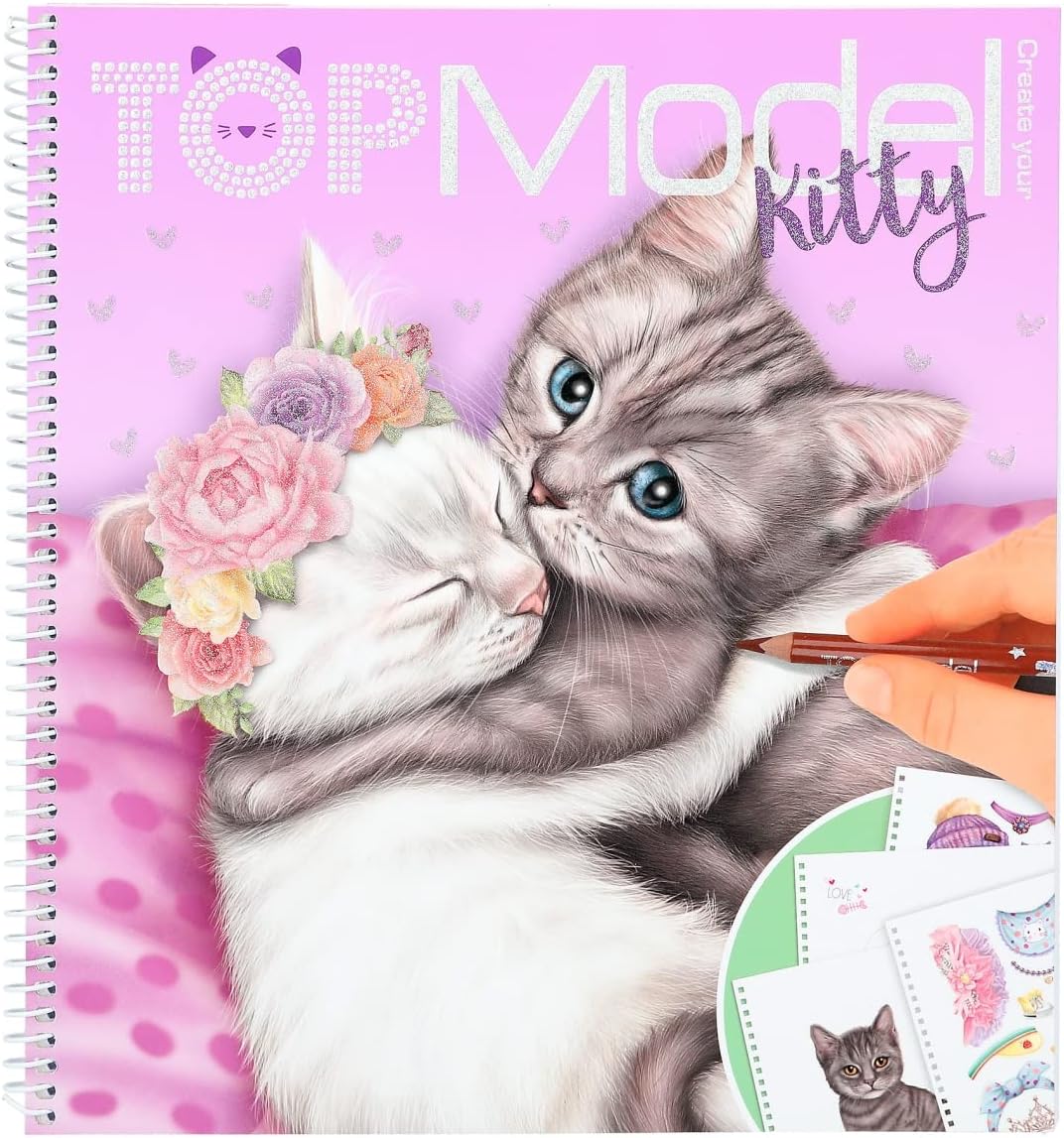 Depesche 12282 TOPModel Create your Kitty Colouring and Sticker Book with 92 Pages for Creating Cute Cats, Colouring Book with Sticker Sheet and Spiral Bound