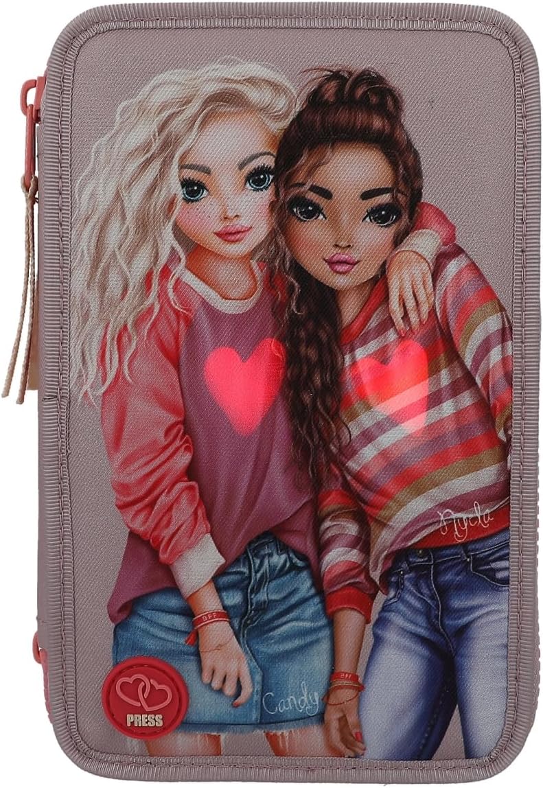 Depesche 11753 TOPModel Best Friends Filled 3-Compartment Pencil Case with LED, Pencil Case with Colouring Pencils, Ruler, Scissors and much more, black, Modern style