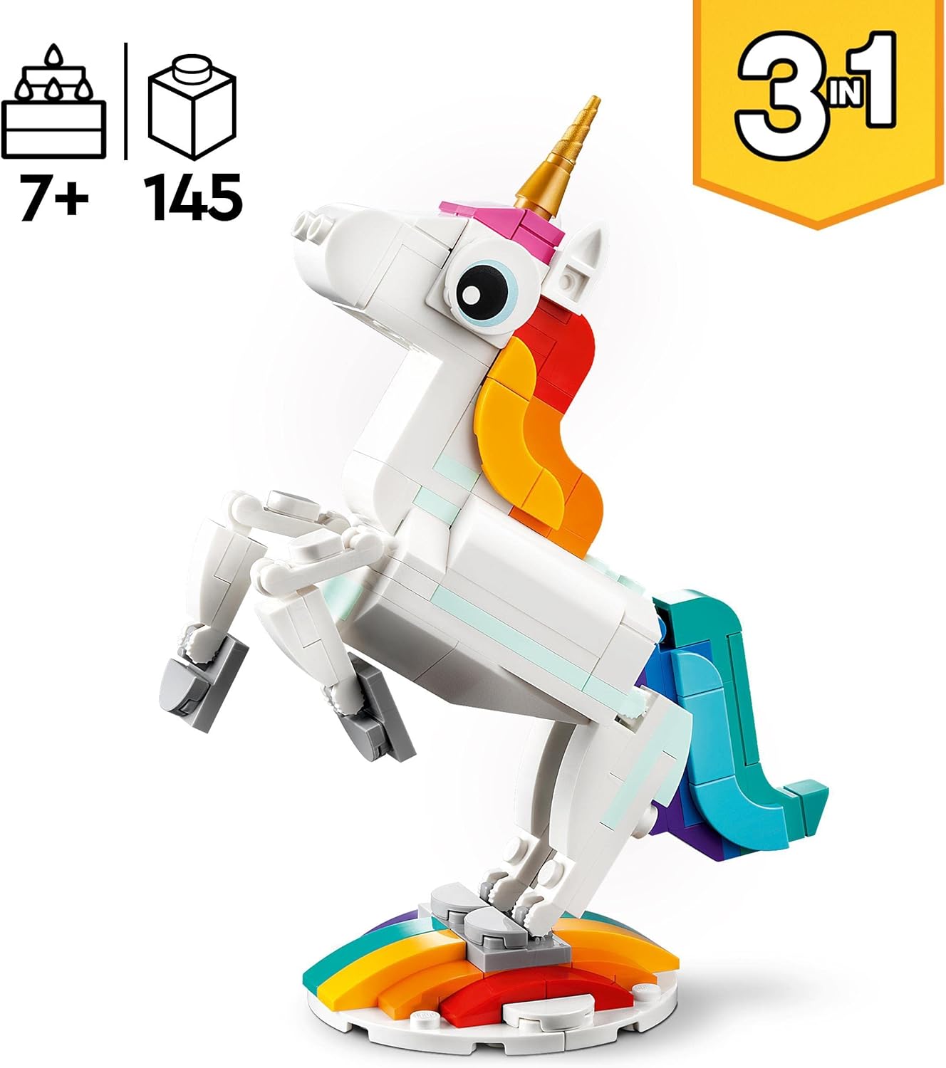 LEGO 31140 Creator 3-in-1 Magic Unicorn Toy, Seahorse, Peacock, Rainbow Unicorn Animal Figures, Gift for Girls and Boys, Buildable Toy