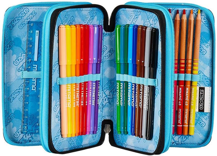 Seven Pencil Case with 3 Compartments Blue 3 Compartments Complete with Pencils, Felt Tip Pens, Colours, Accessories Backpack, Primary School, Medium, Top, Kids and Boys, Blue, Taglia Unica, School,