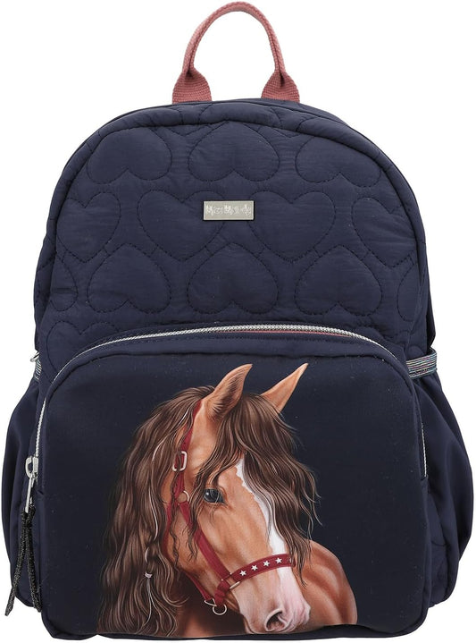 Depesche 13191 Miss Melody Glitter Horse Backpack in Dark Blue, with Horse Motif, Glitter and Heart Quilting, Bag with Adjustable Straps, Multicoloured