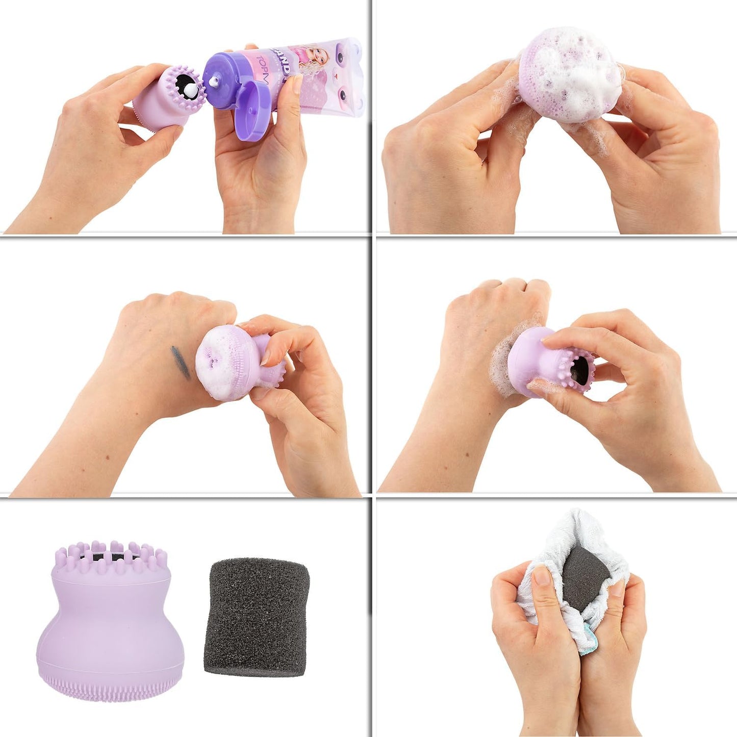 Depesche TOPModel 13252 Wash Mitt and Face Sponge Set Beauty and Me in Purple and with Cat Motifs