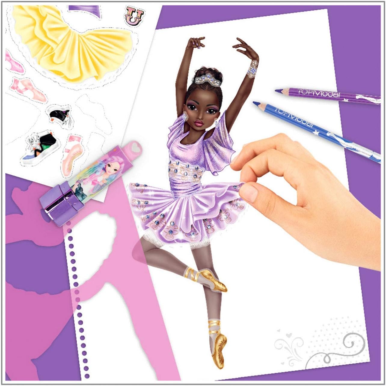 Depesche TOPModel 11453 Colouring Book Dance, Cool Dance Outfits to Design Yourself, 30 Pre-Drawn Figures, 3 Stencils, 2 Sticker Sheets and 8 Fabric Prints for Cutting Out