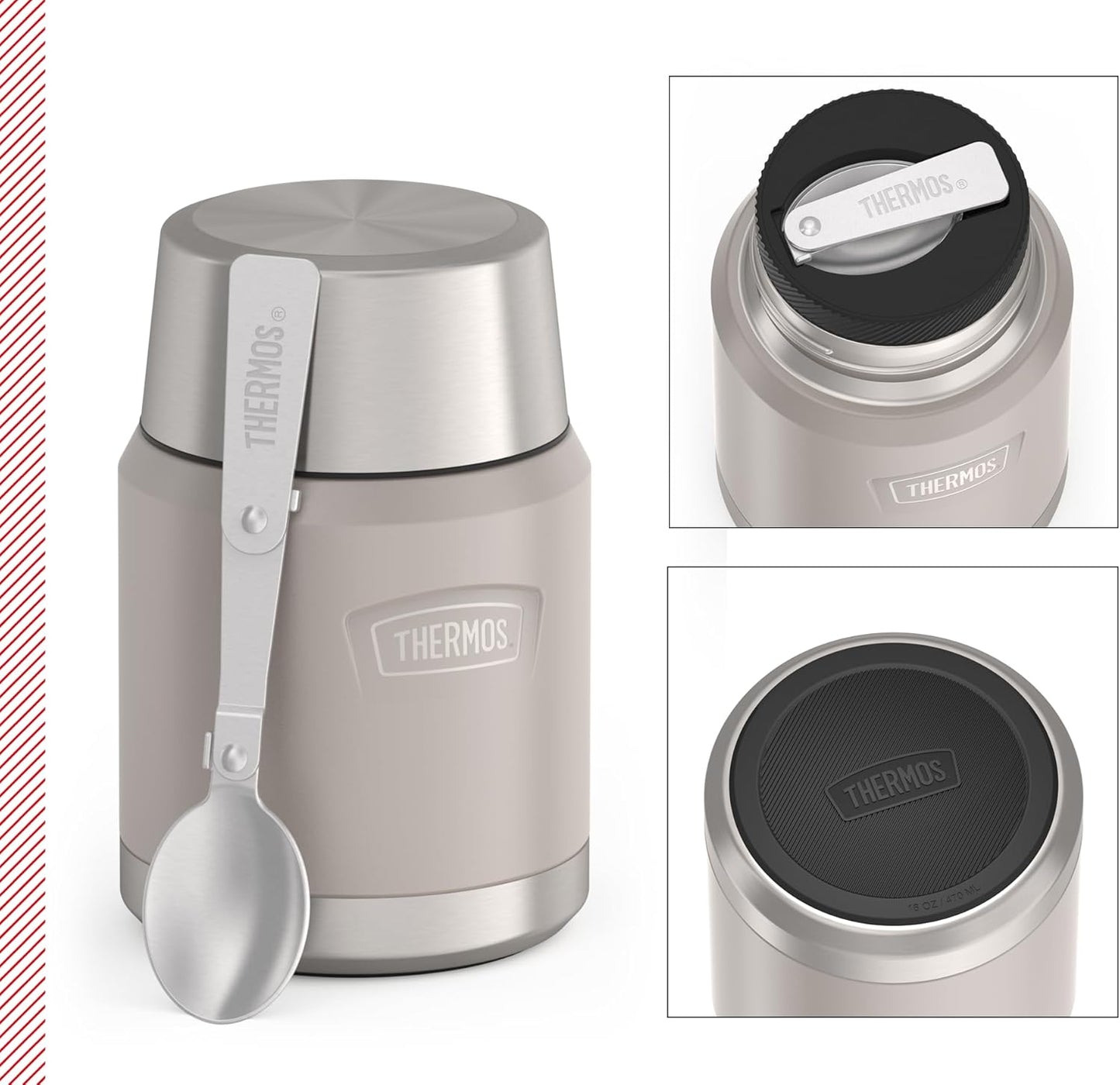 Thermos ICON Food Jar 0.47 L, Beige Matt Sandstone, Food Jar 470 ml, Double-Walled 18/8 Stainless Steel, Keeps Warm and Cold, with Folding Spoon, Non-Slip Base, Completely Leak-Proof