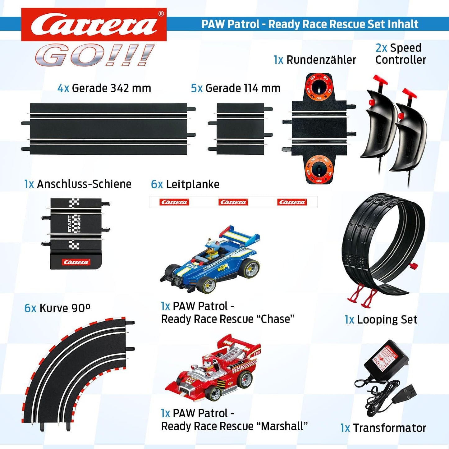 Carrera GO!!! Paw Patrol Ready Race Rescue Set | 2 Slot Cars including 2 Hand Regulators with Turbo Button | Includes Chase and Marshall | 4.9 m Track Length with Looping and Lap Counter | Scale 1:43