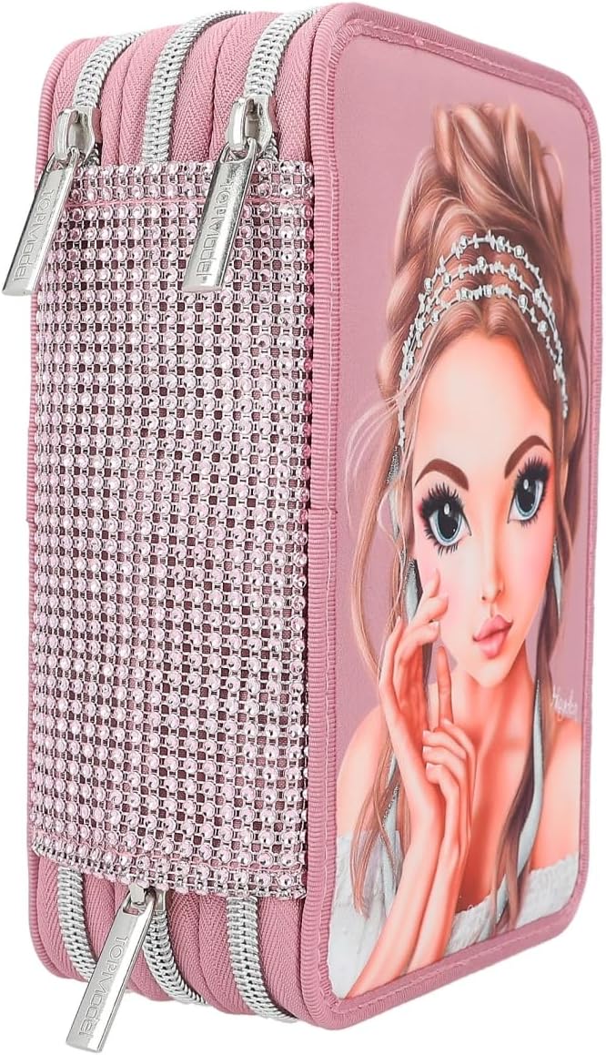 Depesche 12522 TOPModel Glitter Queen - Filled 3-Compartment Pencil Case with Rhinestones on the Front and Decorated Back, Pencil Case with Coloured Pencils, Ruler, Scissors and much more