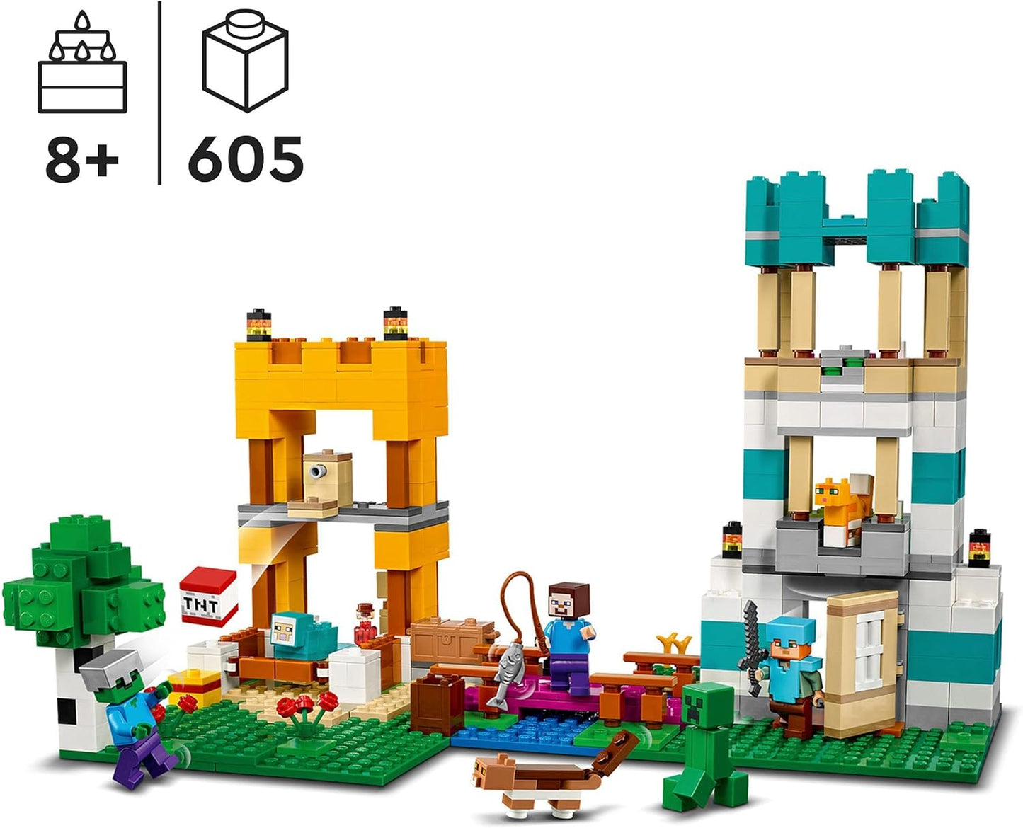 LEGO 21249 Minecraft The Crafting Box 4.0, 2-in-1 Set for Building, Towers on the River or Cat Hut, with Alex, Steve, Creeper and Zombie Mobs, Action Toy for Children, Boys and Girls