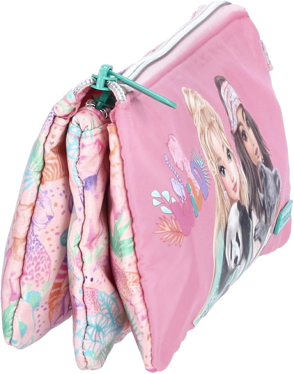 Depesche TOPModel Wild 12792 Fan Pencil Case in Pink with Model Motif and Colourful Animal Pattern, Pencil Case with 3 Zip Compartments