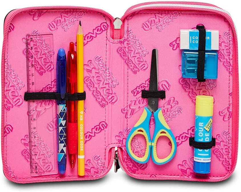 Seven Pencil Case, Multicoloured, Pencil Case for Stationery, Case with Pens, Ballpoint Pens, & More, 3 Compartments, Girls & Boys, School - Elementary School, XXL, Streetpaint Girl, black, School