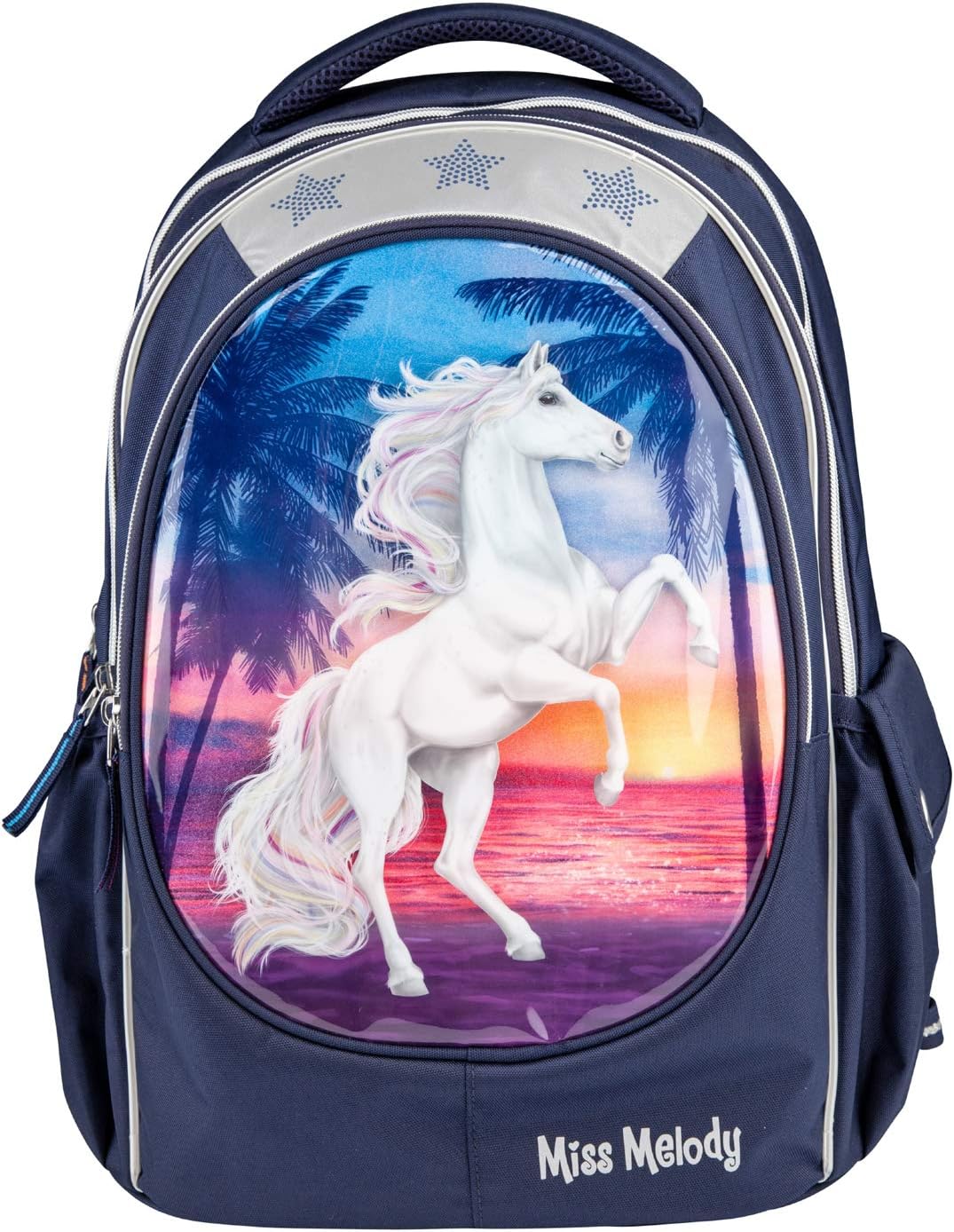 Depesche Miss Melody 10990 School Backpack with Horse Motif, Dark Blue School Satchel, Approx. 44 x 34 x 24 cm, 19.6 Litres/960 g, Many Compartments, Back Vented and Padded, Adjustable Straps