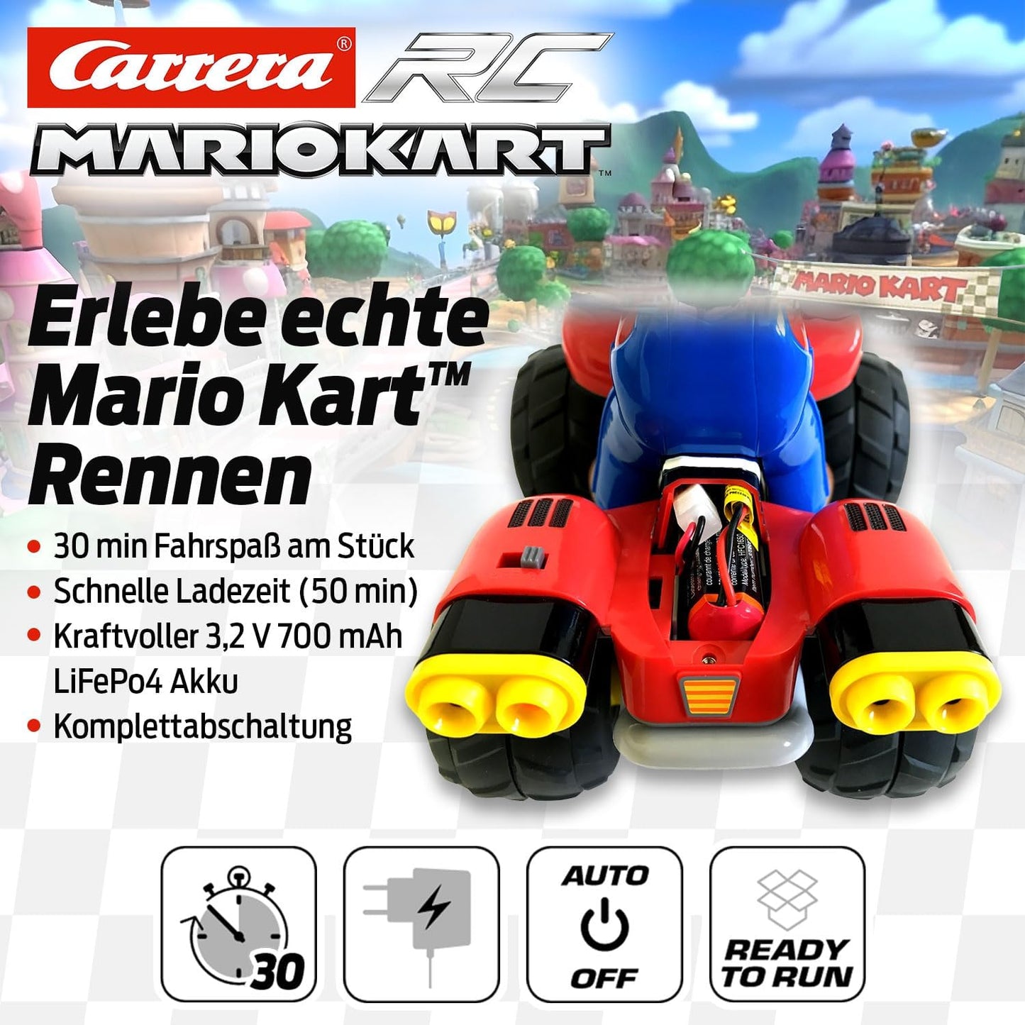 Carrera Mario Kart™, Mario Quad Remote Controlled Car, Carrera RC, Offroad Slope Action, Scale 1:20, Original Nintendo Licence, Up to 9 km/h, 30 min Driving Time, Rechargeable Battery