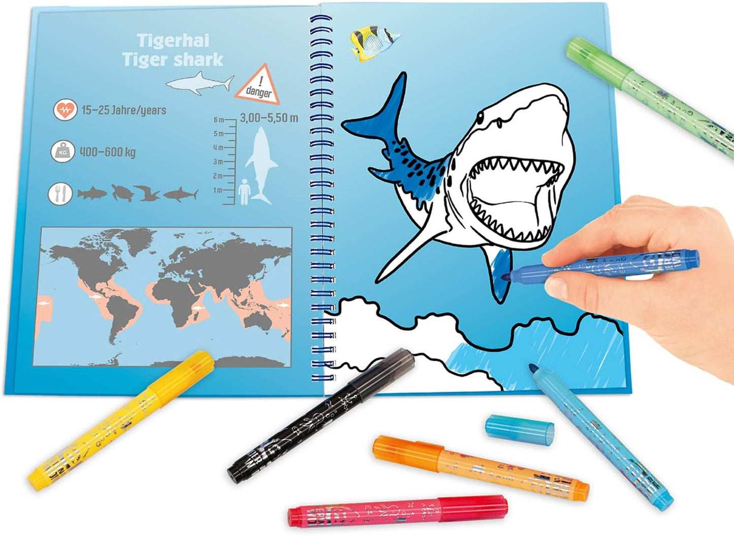 Depesche 7300 Dino World Colouring Book with 7 Fibre-Tip Pens Colouring Book in Cool Underwater Design with Many Sea Creatures to Colour, Approx. 27 x 20.6 x 2.5 cm