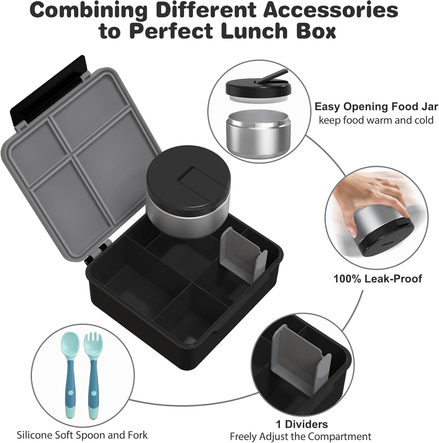 Children's Lunch Box Set with 300 ml Thermal Container for Food, Leak-Proof Lunch Box Children with 4 Compartments, Insulated Lunch Bag, BPA-Free Thermal Lunch Box Children, School, Excursions, Grey