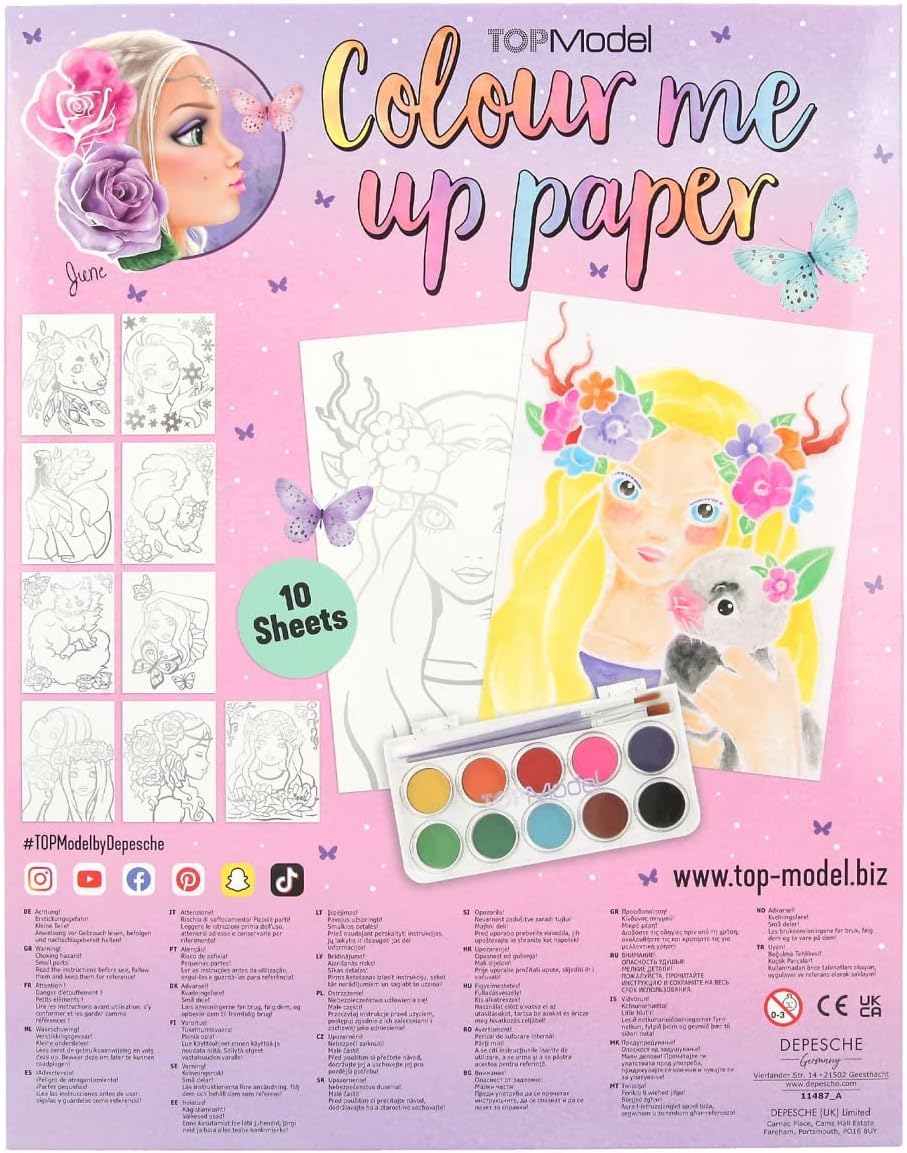 Depesche 11487 TOPModel Colour Me Up Paper, Watercolour Paper with 10 Designs for Colouring, Includes Brush and Watercolours