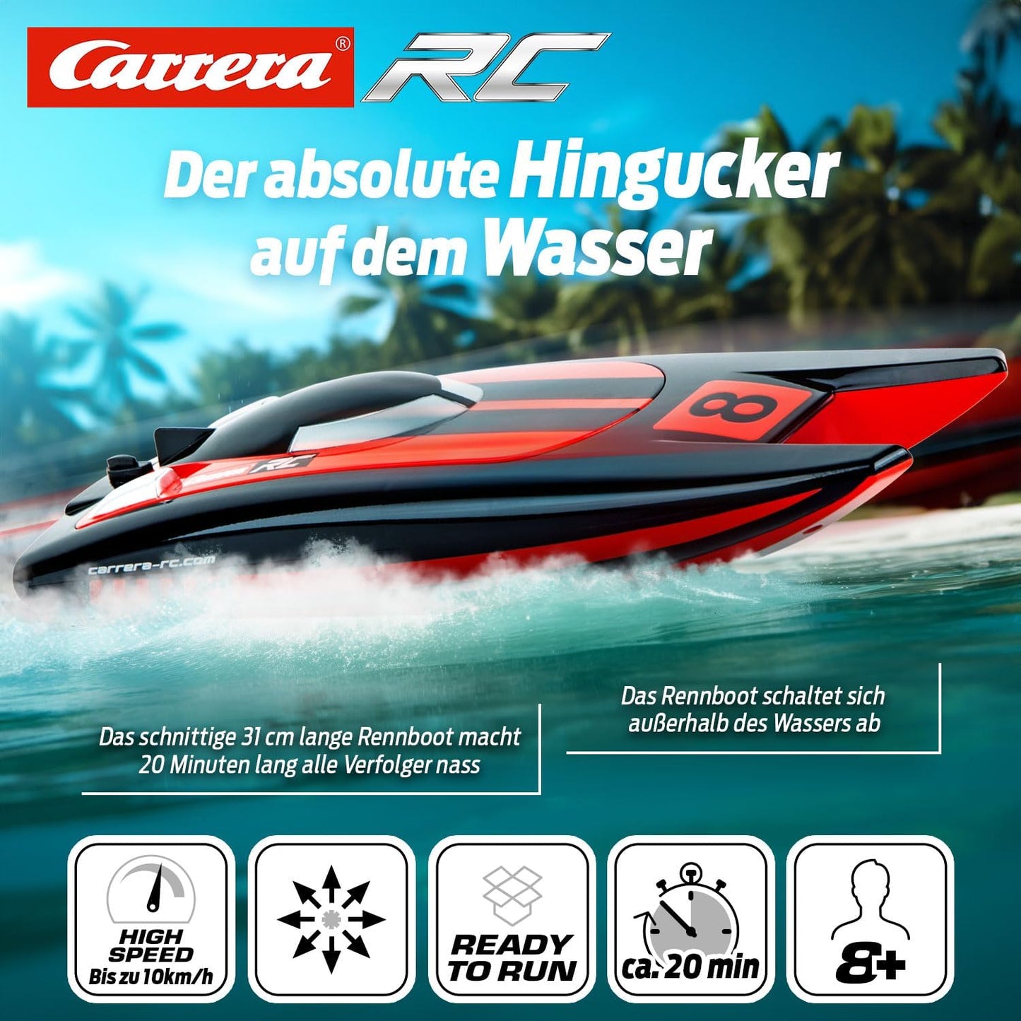 Carrera RC 2.4 GHz Race Catamaran, Remote Controlled Boat, Up to 10 km/h, 31 cm Length, Racing Boat for Water Fun at the Lake and Pool, Digital Proportional Technology, Driving Time 20 Minutes, from 8