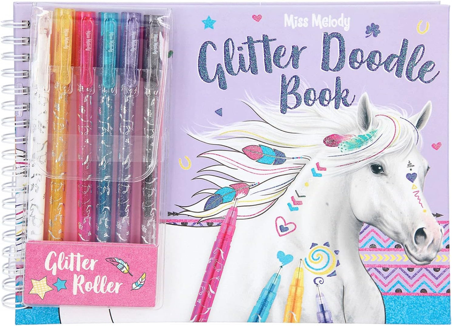 Depesche 8590 Miss Melody - Glitter Doodle Book, Colouring Book with 6 Glitter Pens and Stickers, Approx. 22.5 x 16.5 cm, Colouring Book with Pre-Printed Horse Motifs