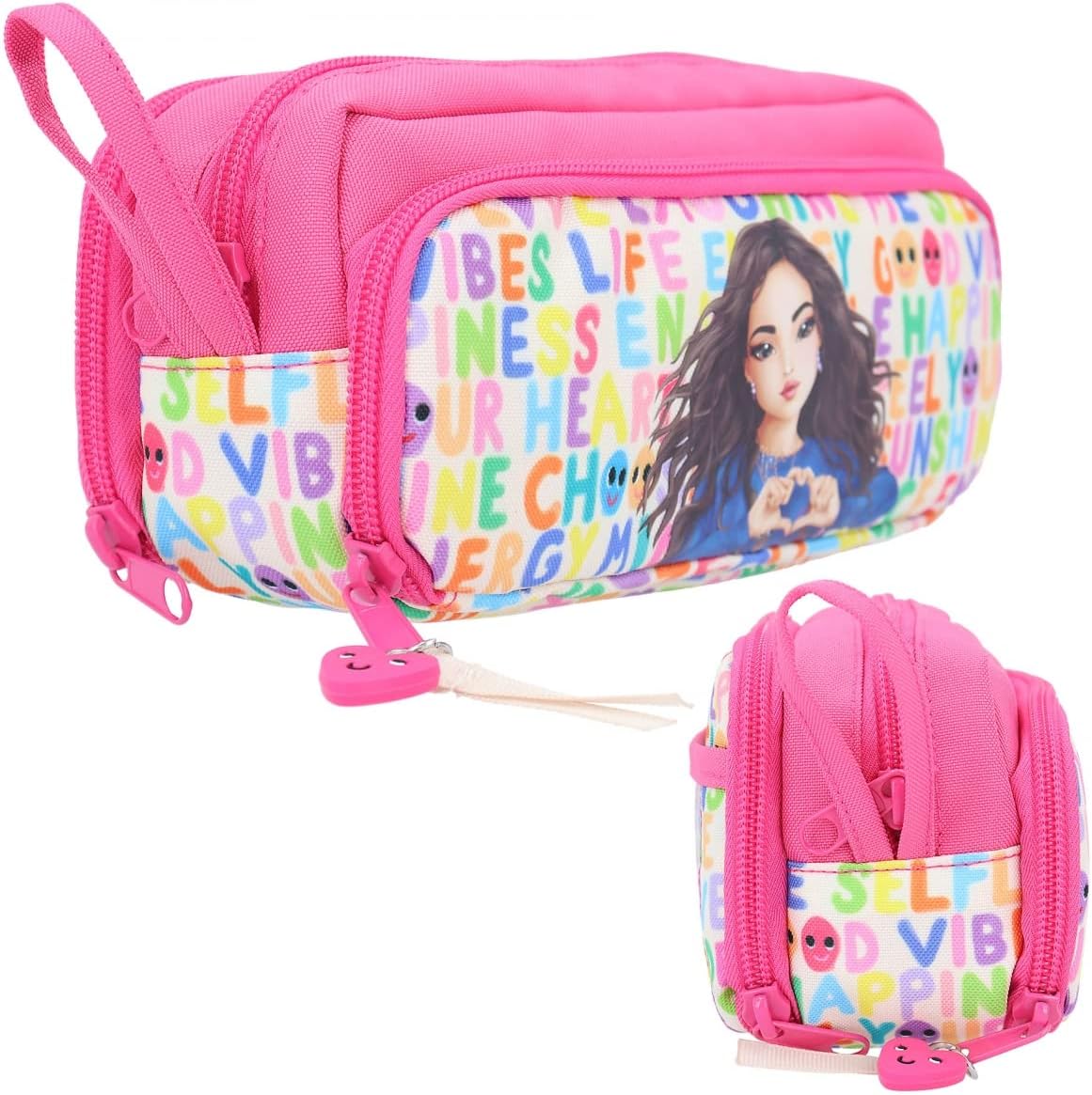 Depesche 11971 TOPModel SelfLove Fan Pencil Case with Model Motif and Font Design, Pink with 4 Compartments and Zip, multicoloured, pencil case