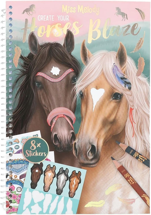 Depesche 12964 Miss Melody Create Your Horses Blaze Colouring Book with 36 Pages for Designing Different Horse Motifs, Ring Binder with 8 Sticker Sheets