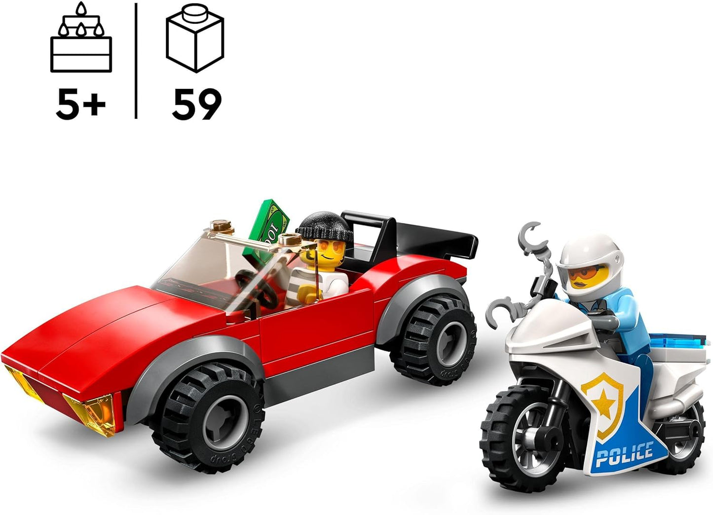 LEGO 60392 City Police Chase with Police Motorcycle Set, Racing Car Toy with Police Officer, Mini Figure for Children from 5 Years