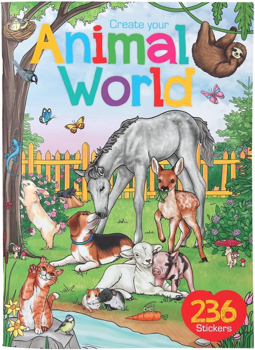 Depesche 11943 Create Your Animal World Colouring and Sticker Book with 24 Beautiful Motifs from the Animal World to Design and Stick, Includes 2 Sticker Sheets with Numerous Animal Stickers